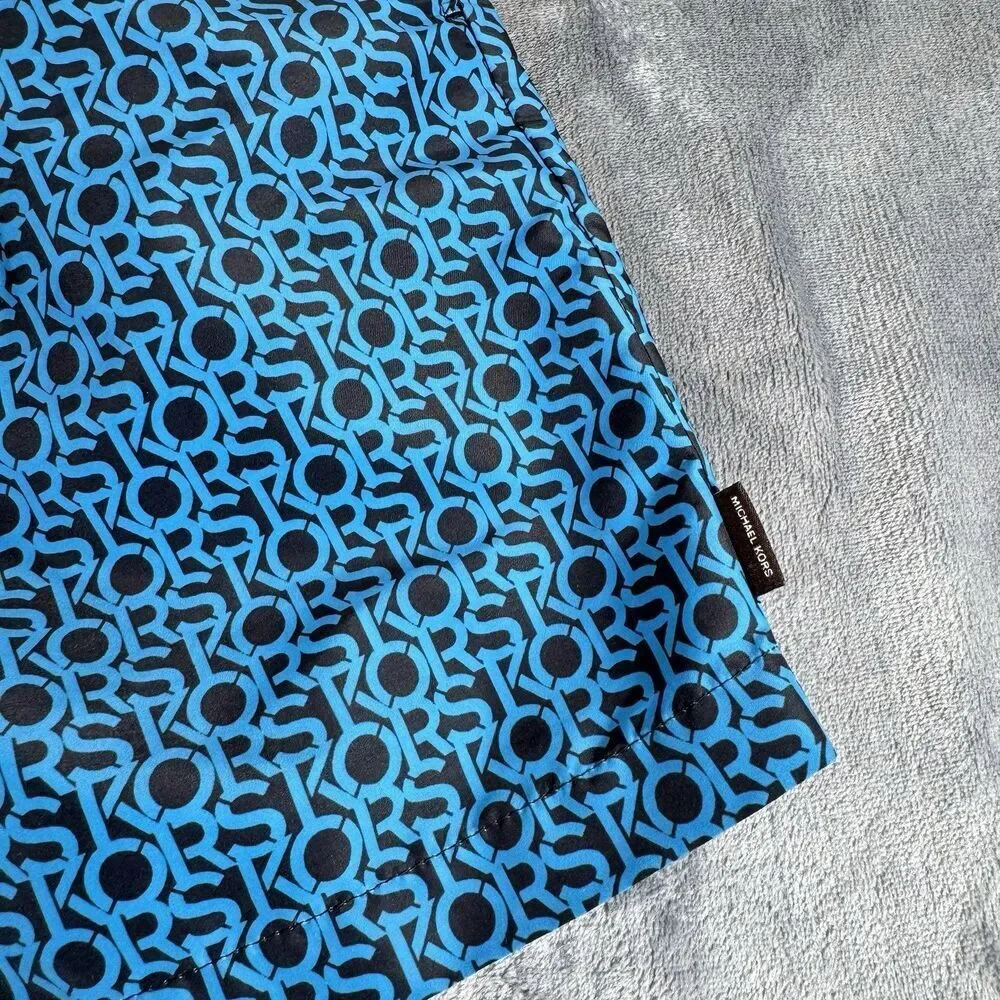 Michael Kors Sz XXL Mens Swim Shorts Allover AOP Logo Spelling BLUE Black
